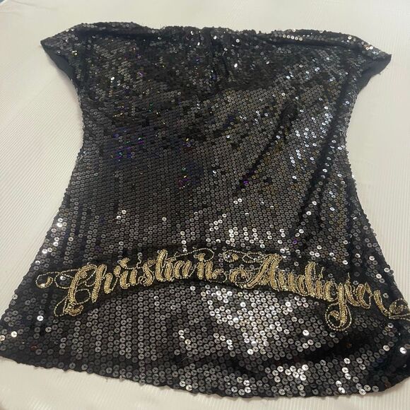 NEW Christian Audigier Womans Black Sequins Top W/ Gold Accents Size Small NWT - Picture 5 of 6